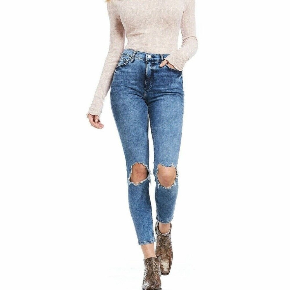 Free People Distressed Skinny Ankle Jeans SIZE‎ 25 LONG 25L TALL Busted Knee